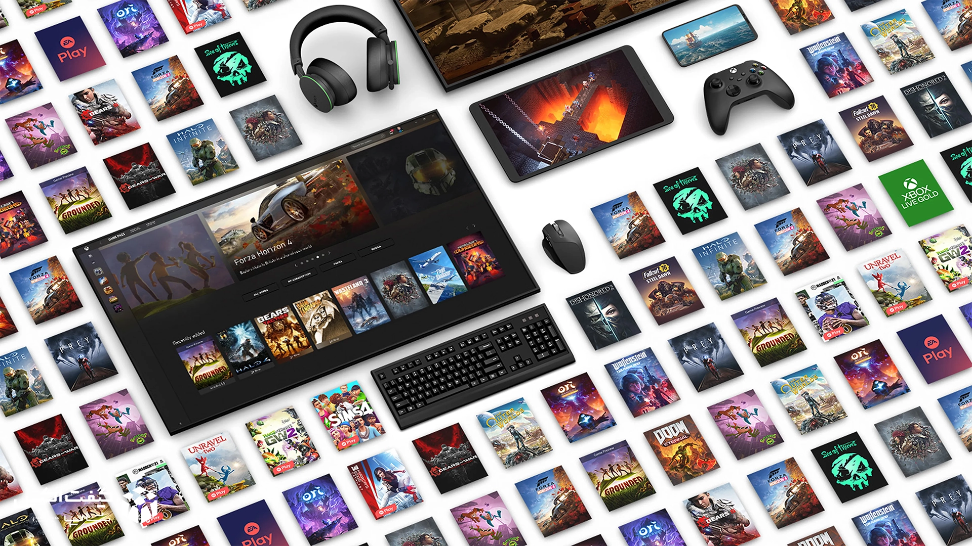 نمای گرافیکی از تنوع بازی‌های Game Pass Ultimate روی Xbox و PC با نمایش عناوین معروفی مثل Forza، Doom، Sea of Thieves و EA Play – مخصوص اشتراک دو ماهه گیم پس