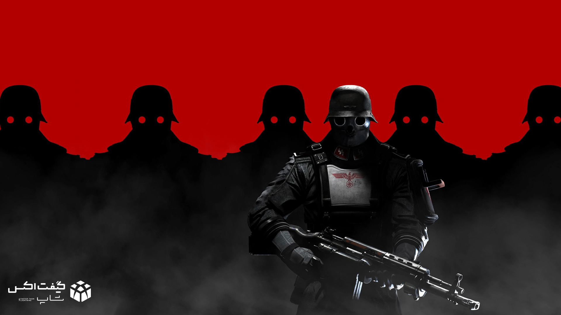 تصویر شخصیت اصلی بازی Wolfenstein با سربازان نازی در پس‌زمینه قرمز و فضای تاریک | کاور بازی شوتر ضدنازی برای Xbox
