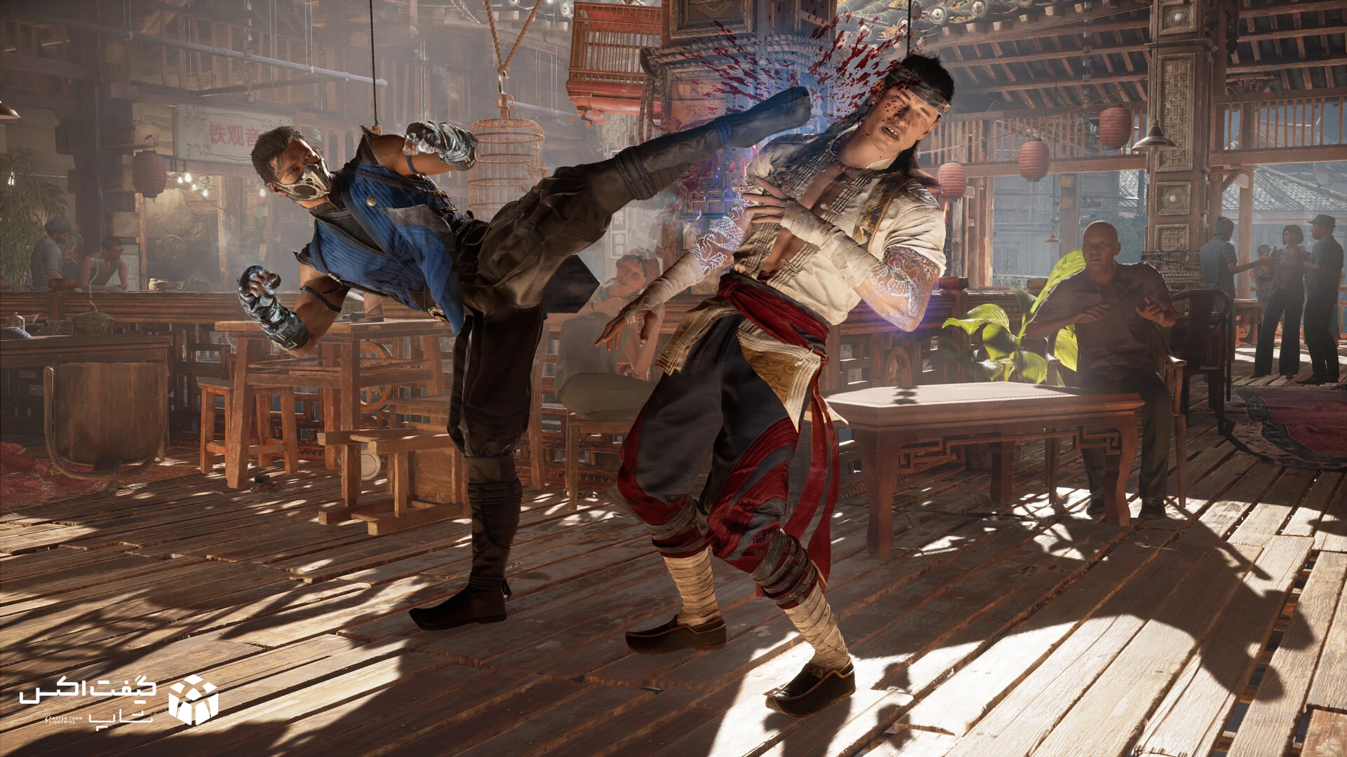 حرکت ضربه پای Sub-Zero به Liu Kang در بازی Mortal Kombat 1 – گرافیک نسل جدید ایکس‌باکس با جزئیات بالا و محیط شرقی کلاسیک