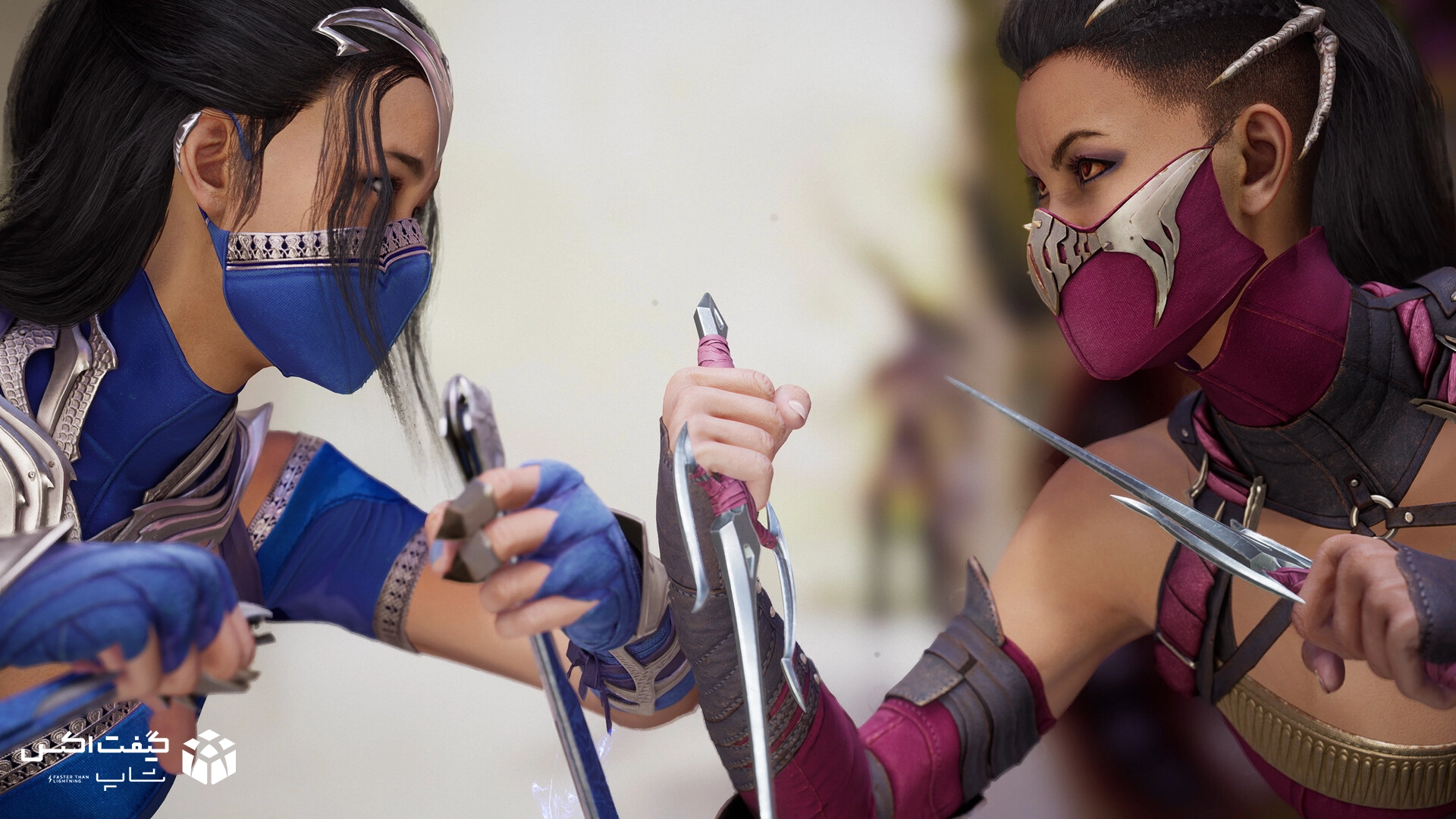 رویارویی نزدیک Mileena و Kitana در بازی Mortal Kombat 1 – جزئیات گرافیکی بالا، طراحی ماسک‌ها و سلاح‌ها در نبردی تماشایی