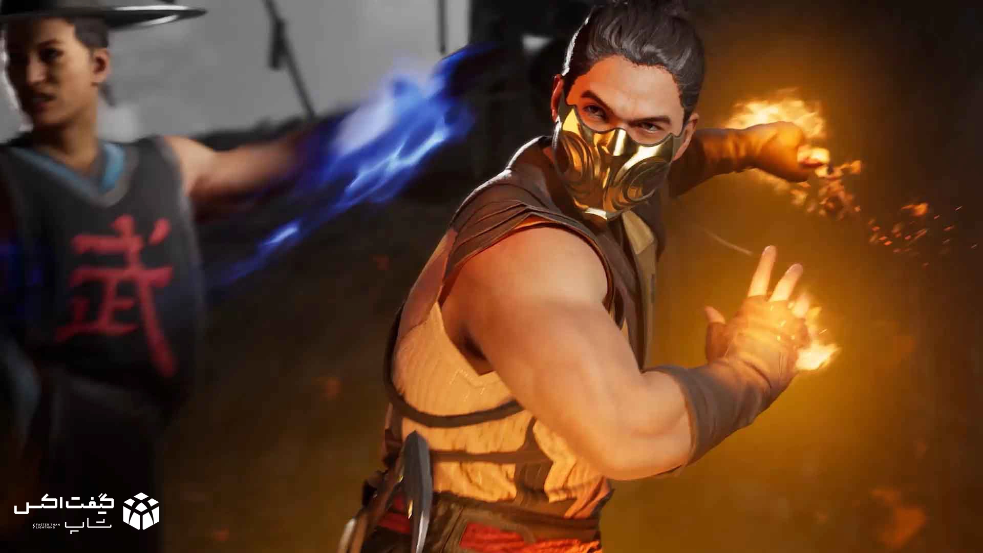 شخصیت اسکورپیون (Scorpion) در بازی Mortal Kombat 1 در حال اجرای حرکت آتشین در نمای سینمایی و هیجان‌انگیز