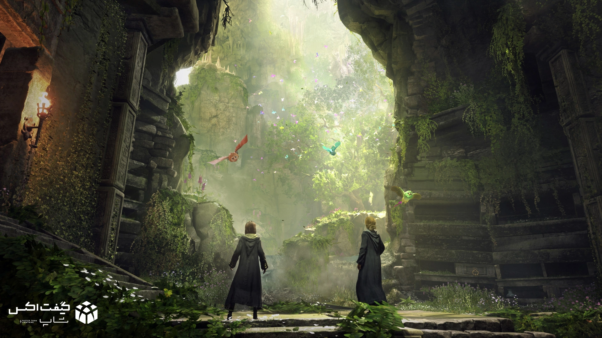 محیط فانتزی و جنگلی بازی Hogwarts Legacy Digital Deluxe برای Xbox با حضور دو دانش‌آموز هاگوارتز و موجودات پرنده ج