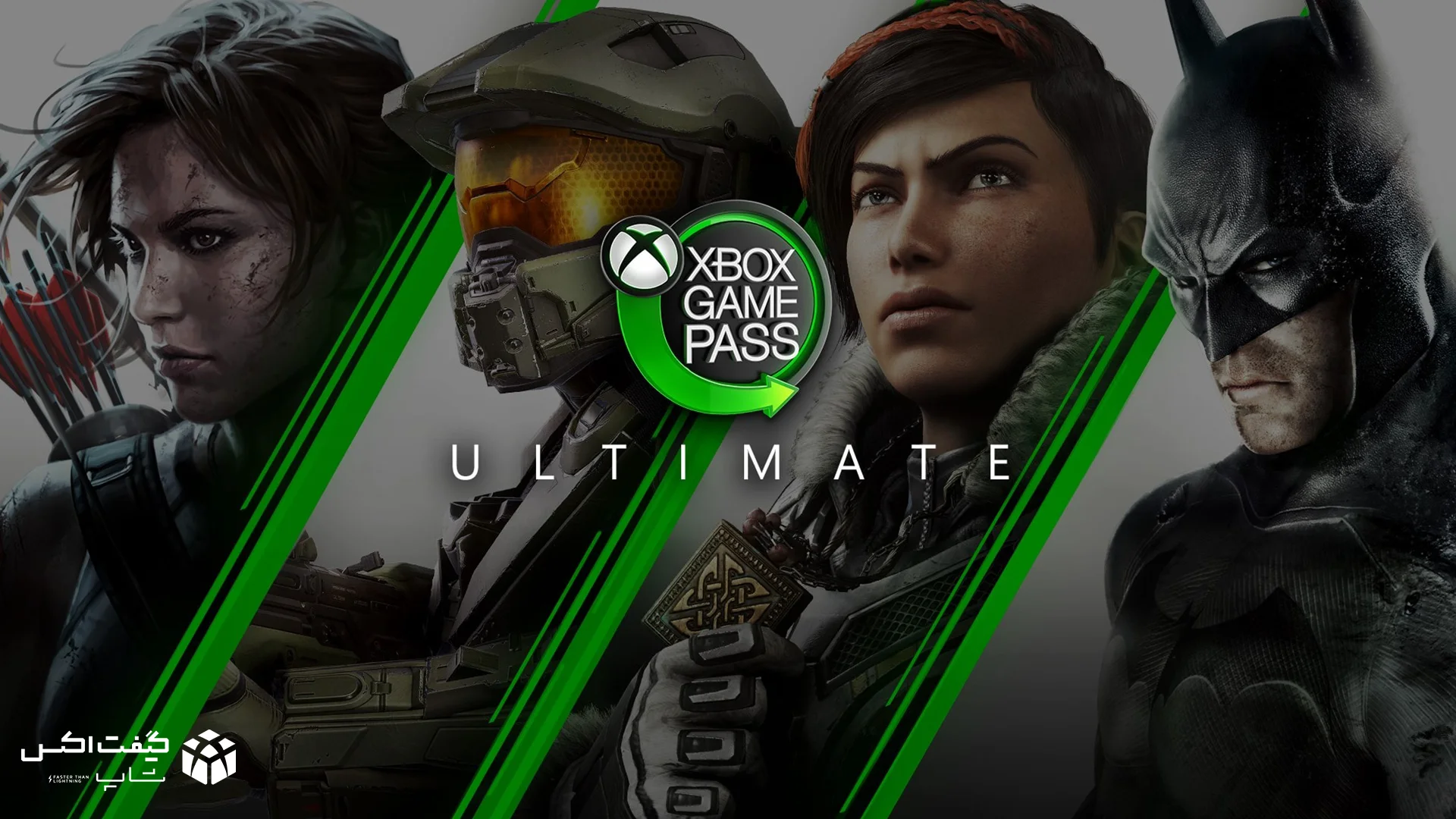 تصویر تبلیغاتی Xbox Game Pass Ultimate با نمایش شخصیت‌های معروف مثل Lara Croft، Master Chief، Kait Diaz و Batman در کنار لوگوی رسمی سرویس