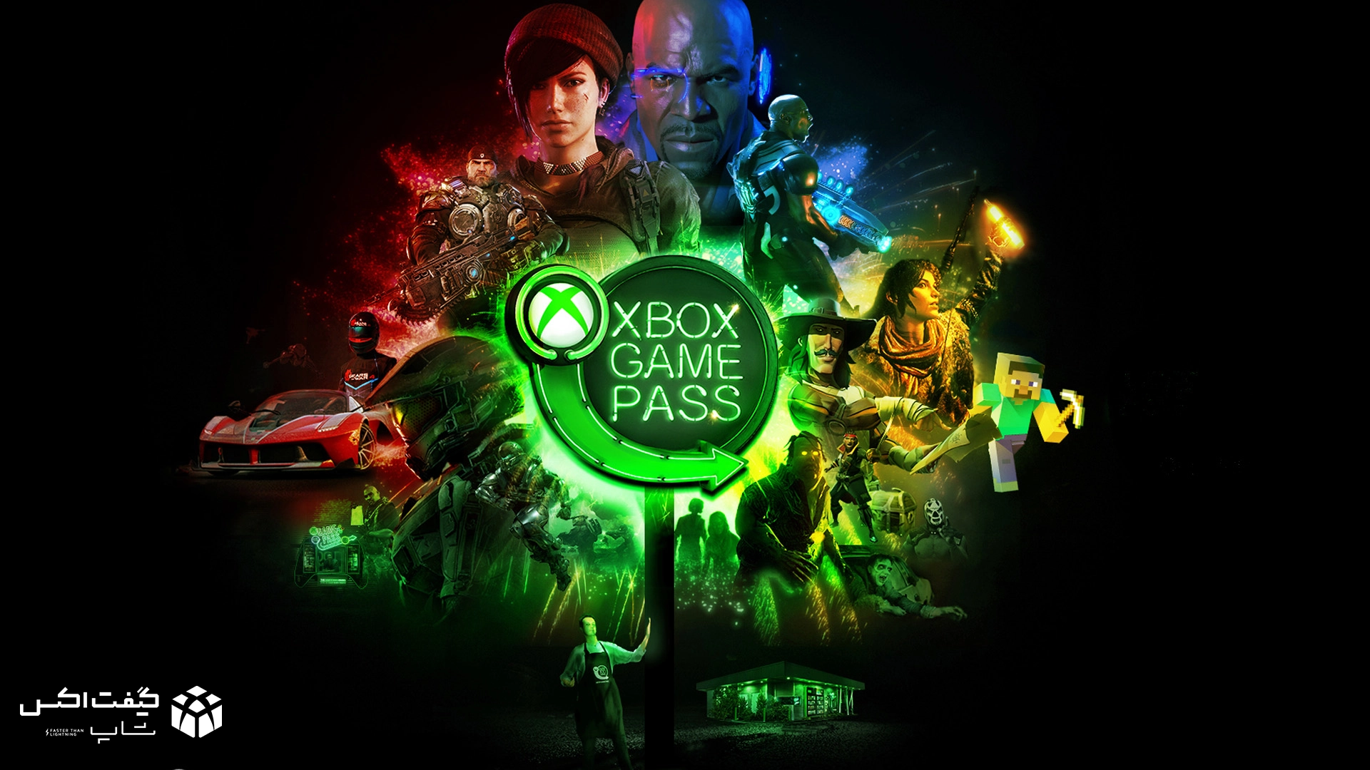 تصویر گرافیکی Xbox Game Pass با لوگوی نئونی و ترکیب شخصیت‌های معروف بازی‌های پرطرفدار مانند Minecraft، Gears of War، Forza Horizon، Crackdown و بازی‌های مستقل ایکس‌باکس