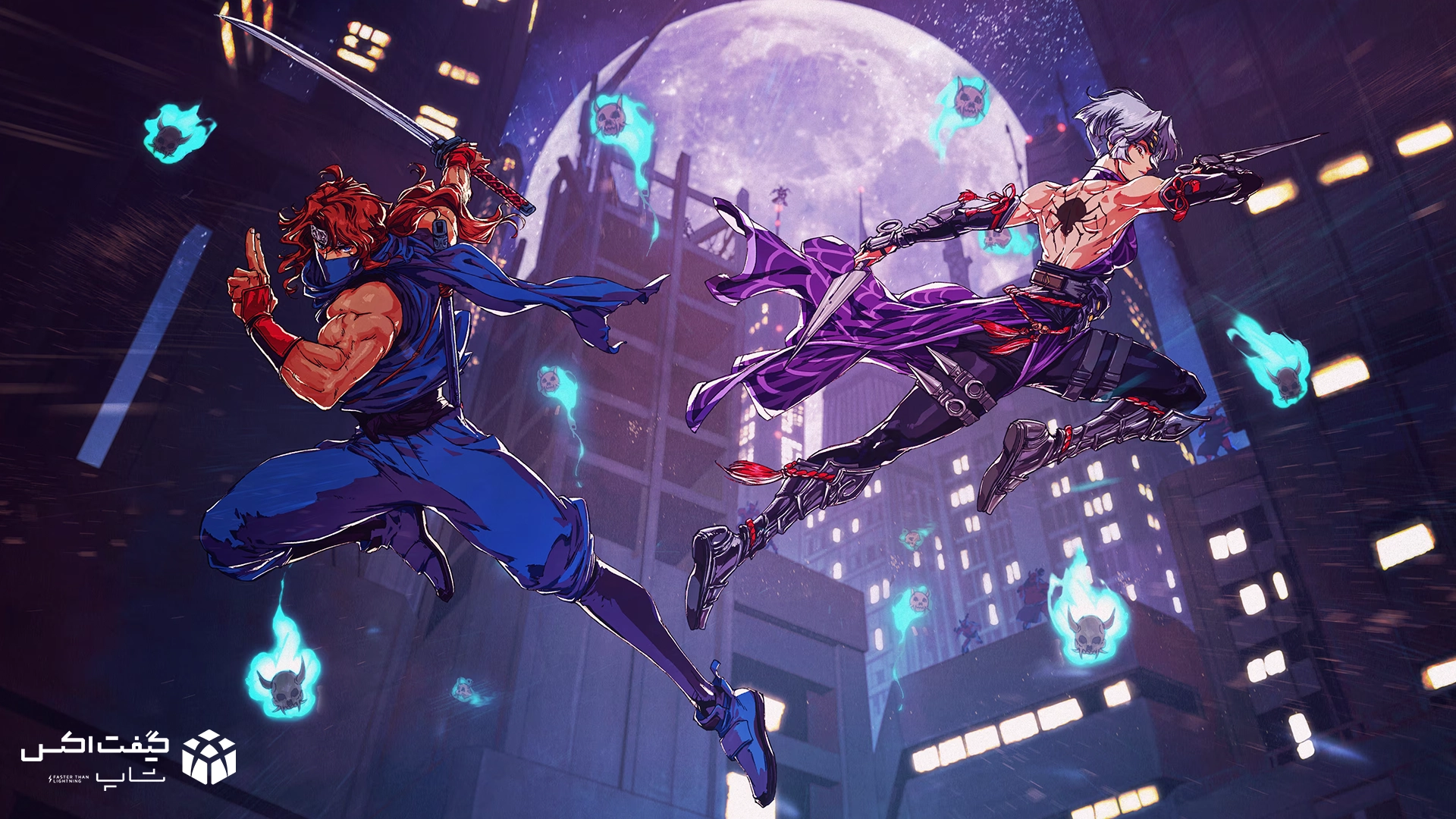دو نینجا در حال مبارزه هوایی در نمای شب، تصویر هنری از بازی NINJA GAIDEN: Ragebound برای Xbox