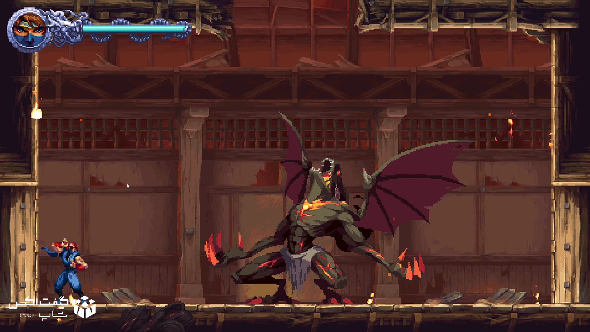 مبارزه نینجا با هیولای بال‌دار در محیط پیکسلی و تاریک، تصویر هنری از بازی NINJA GAIDEN: Ragebound برای Xbox