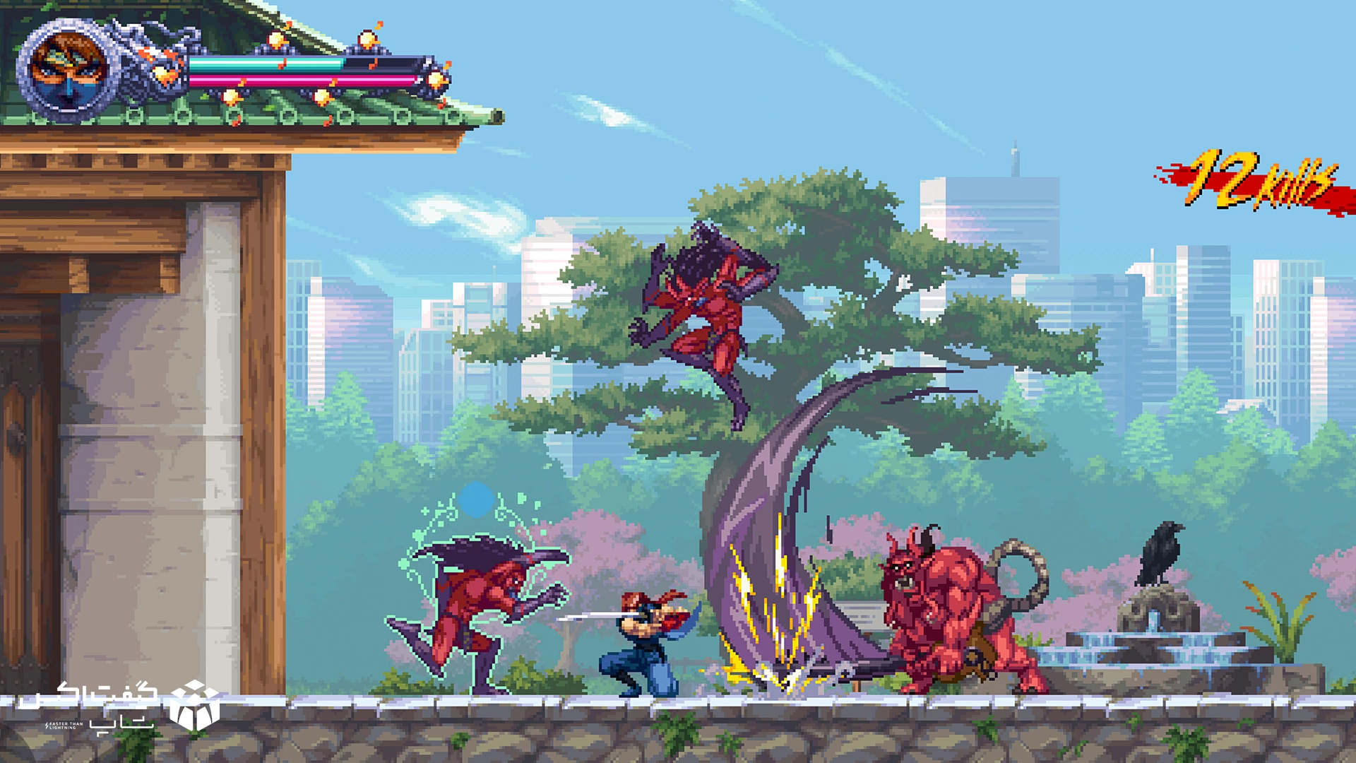 مبارزه نینجا با هیولاهای قرمز در محیط شهری و باغ ژاپنی پیکسلی، تصویر هنری از بازی NINJA GAIDEN: Ragebound برای Xbox