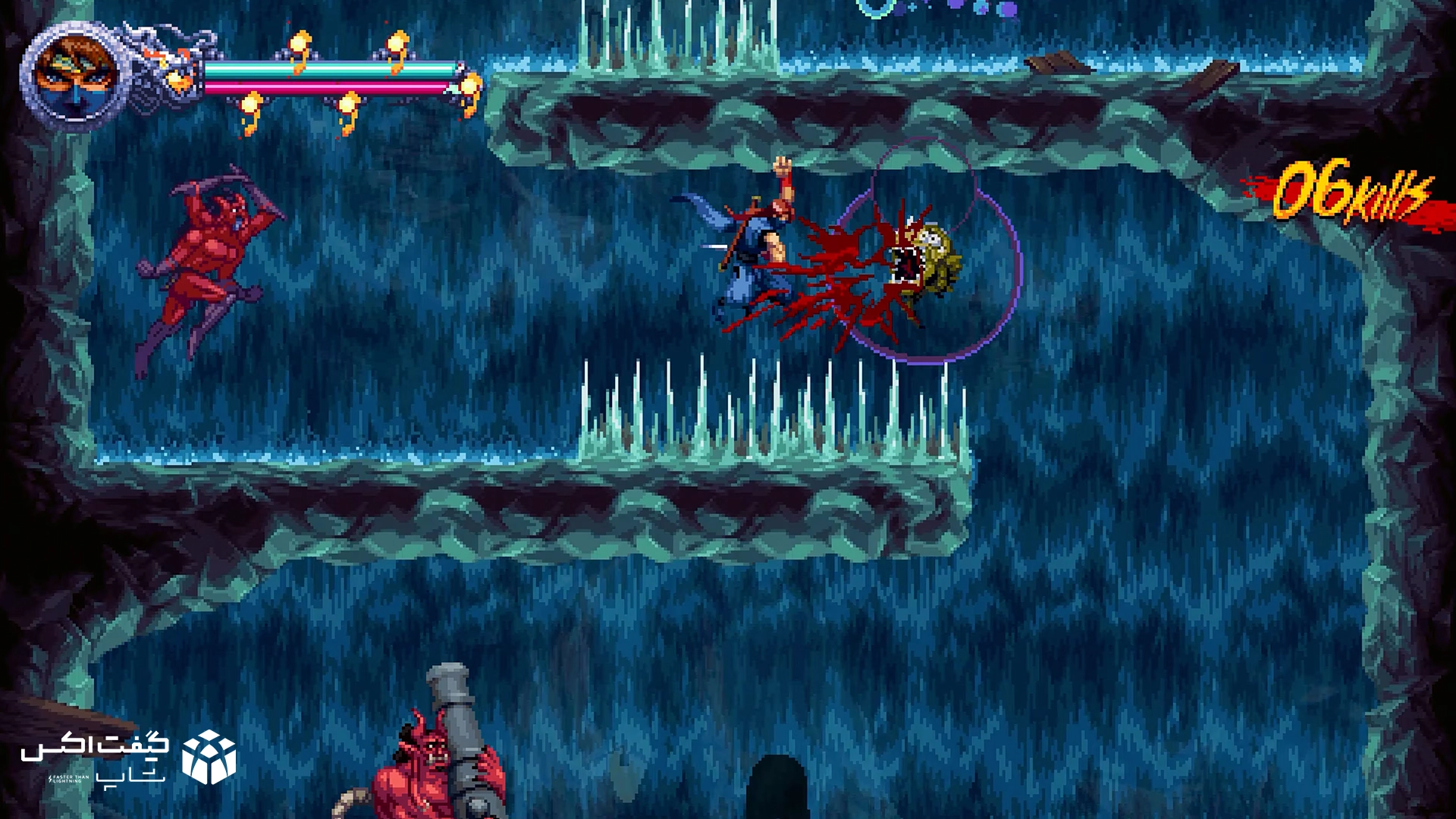مبارزه نینجا با هیولا در غار پر از تله‌های میخ‌دار، تصویر هنری از بازی NINJA GAIDEN: Ragebound برای Xbox