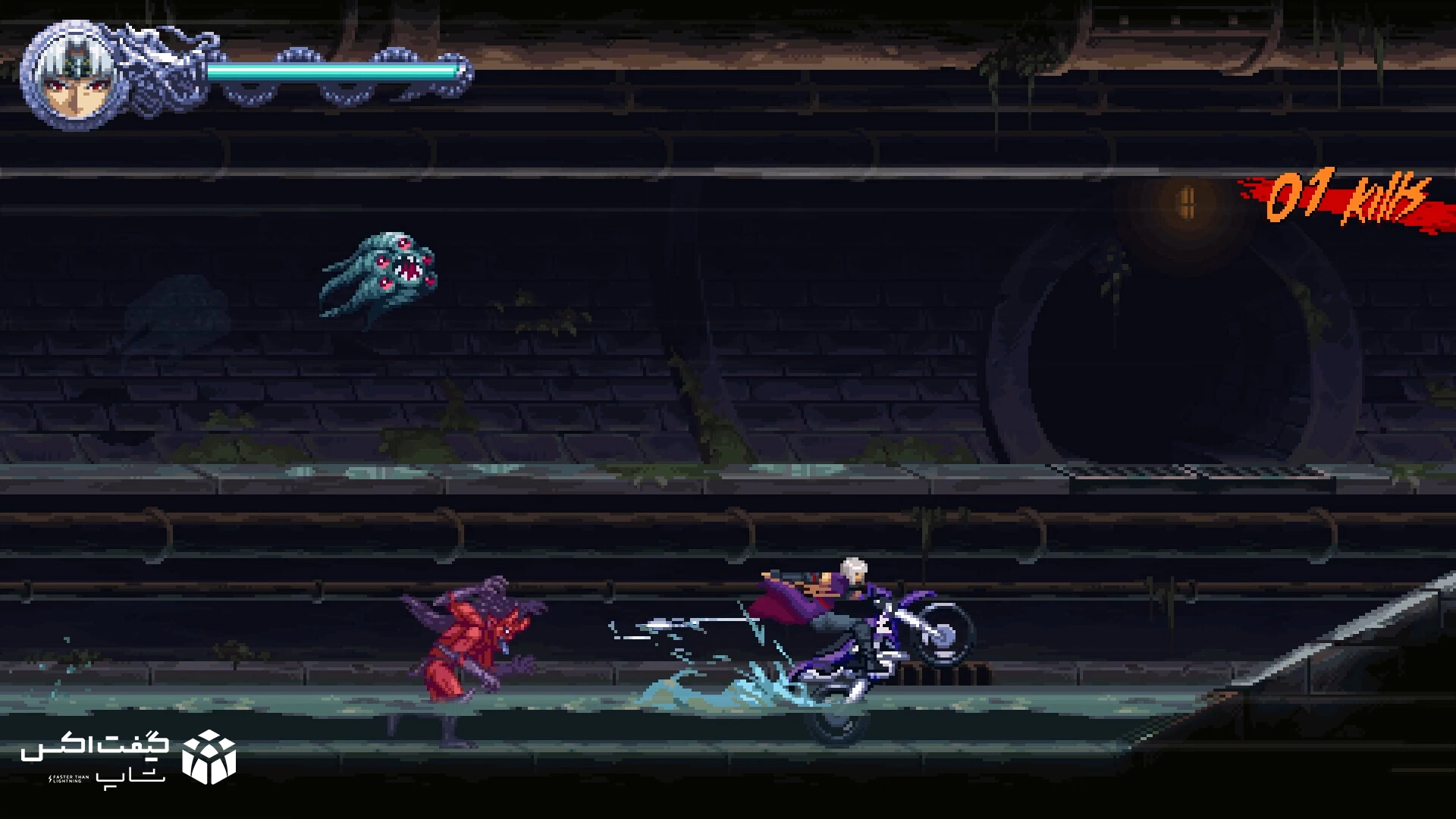 موتورسوار نینجا در فاضلاب تاریک هنگام حمله به دشمنان، تصویر هنری از بازی NINJA GAIDEN: Ragebound برای Xbox