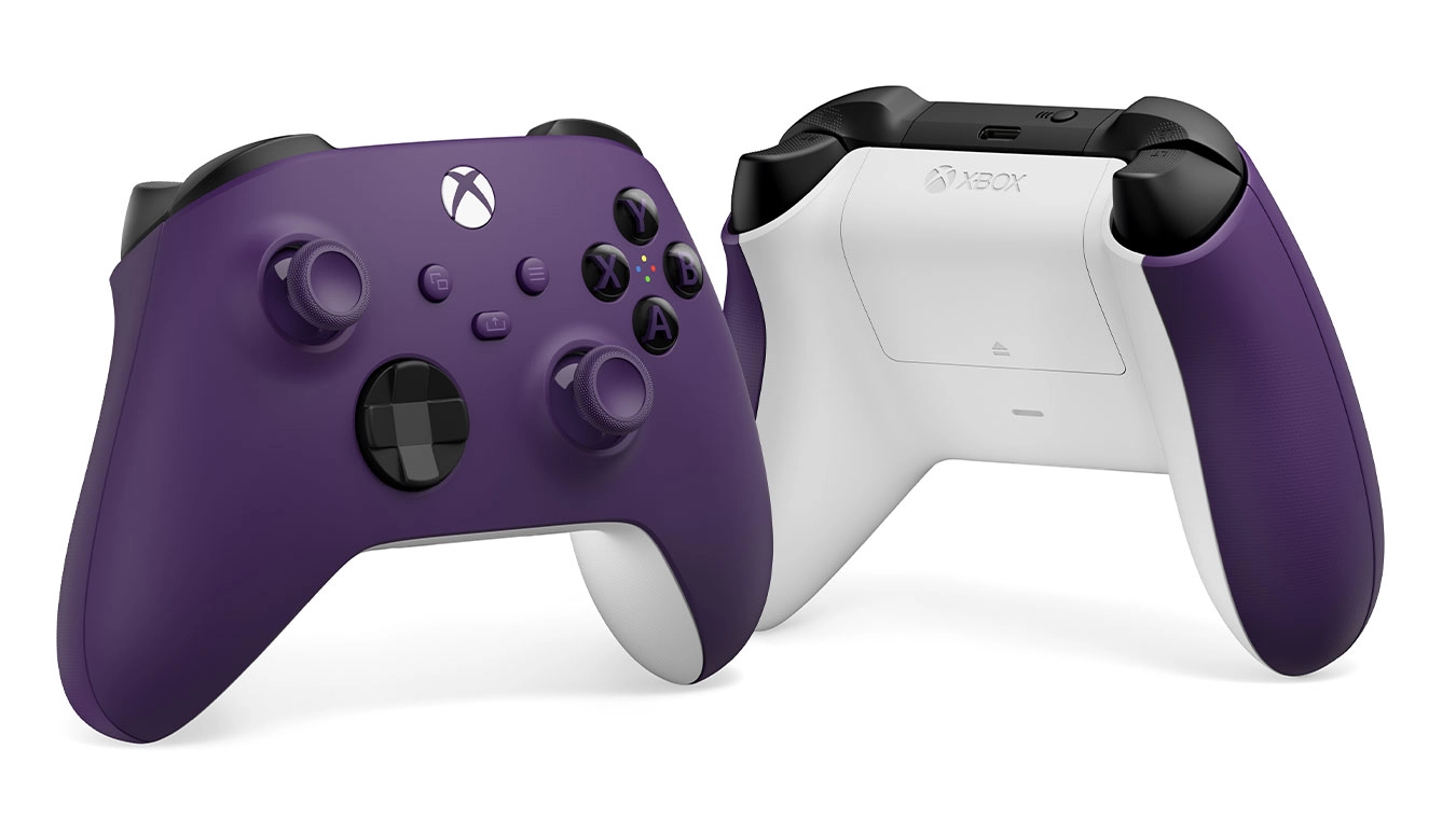 کنترلر Astral Purple ایکس‌باکس، رنگ بنفش و سفید، نمای جلو و پشت، تصویر محصول رسمی برای Xbox Series X