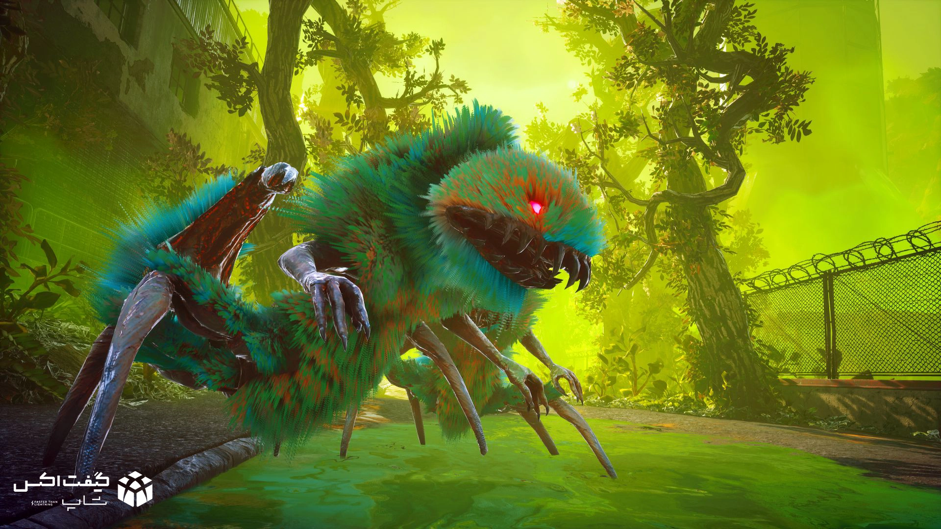 هیولای جهش‌یافته با چشم قرمز در محیط آلوده بازی Biomutant، تصویر گیم‌پلی نسخه Xbox