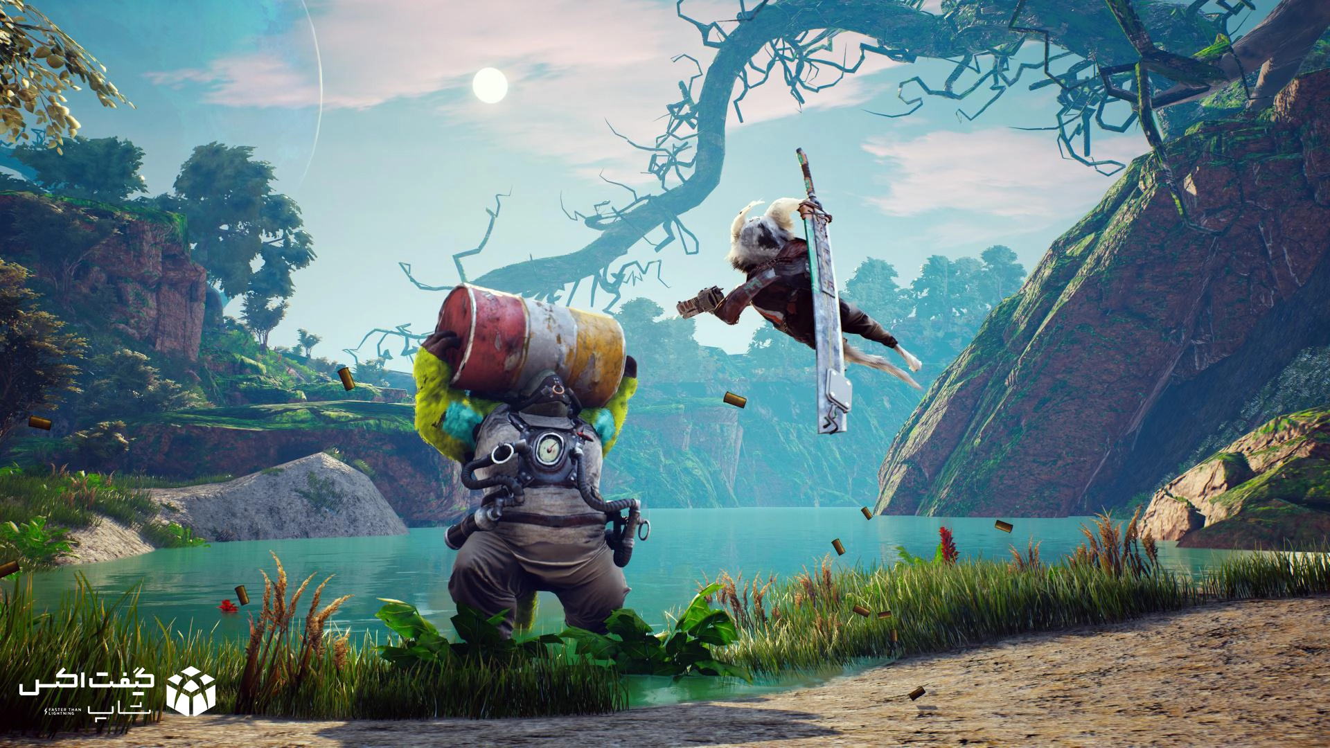 صحنه نبرد هوایی شخصیت اصلی با دشمن در محیط طبیعی بازی Biomutant، تصویر گیم‌پلی نسخه Xbox