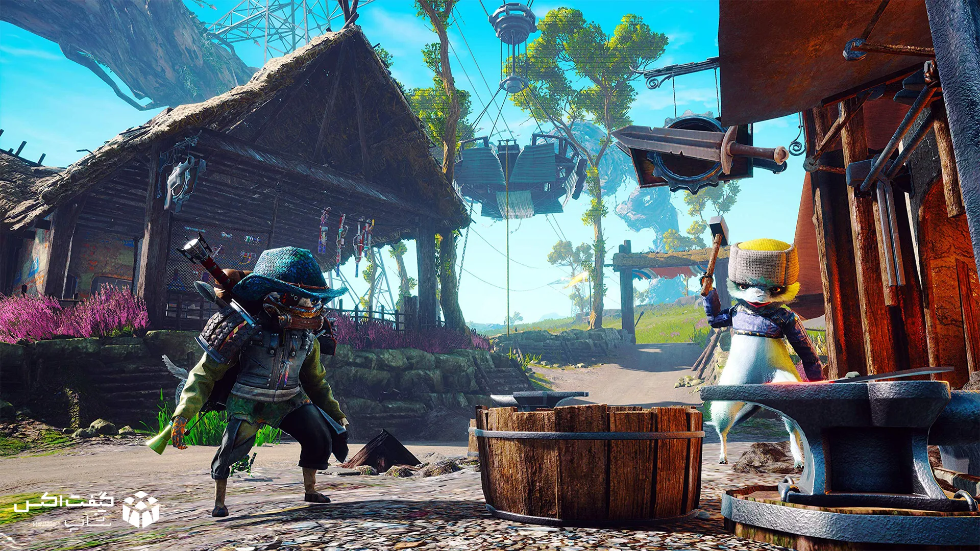 شخصیت بازی در مقابل آهنگر در دهکده بازی Biomutant، تصویر محیطی نسخه Xbox