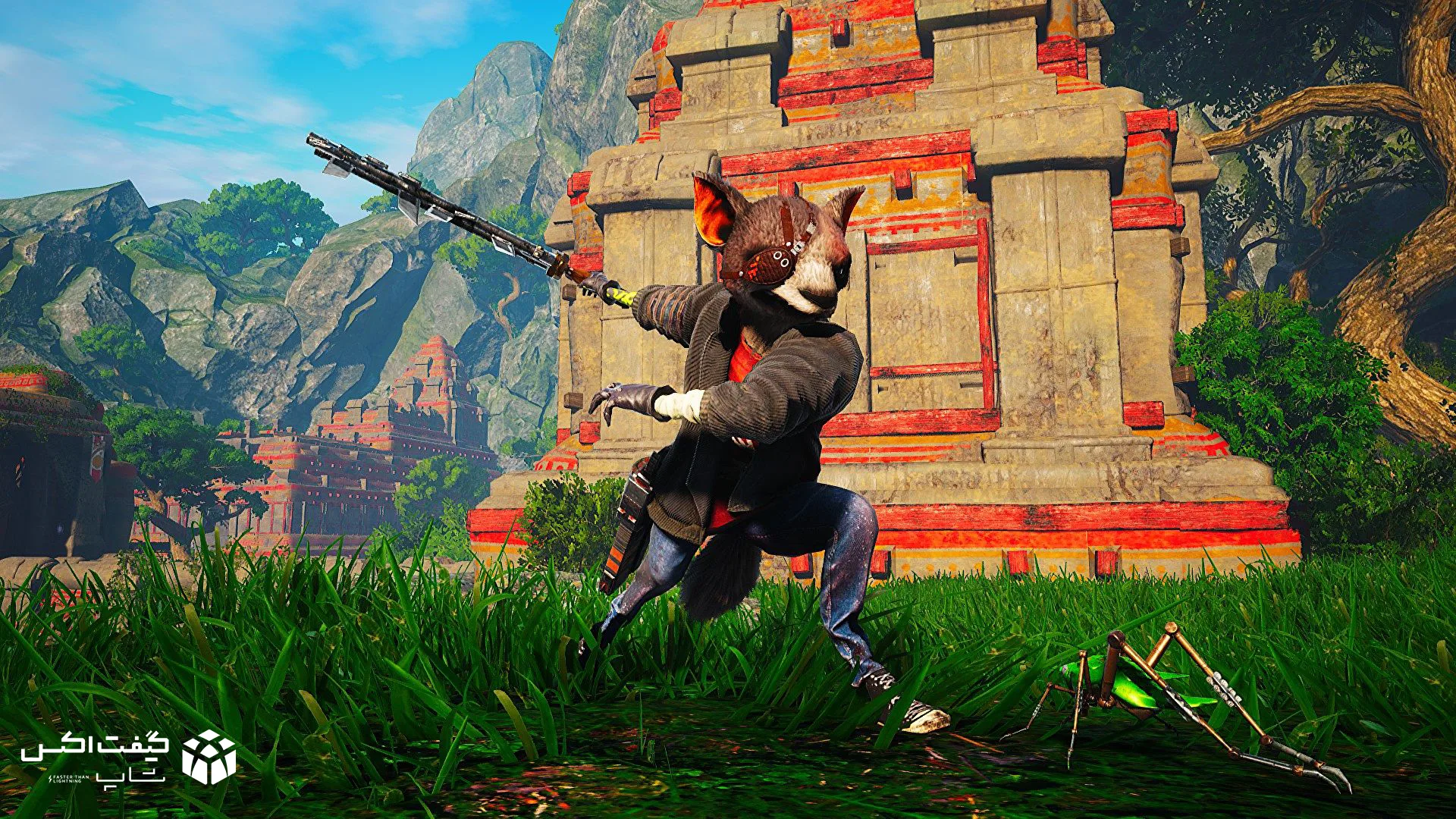 ژست مبارزه شخصیت اصلی در کنار بنای باستانی در بازی Biomutant، تصویر هنری نسخه Xbox