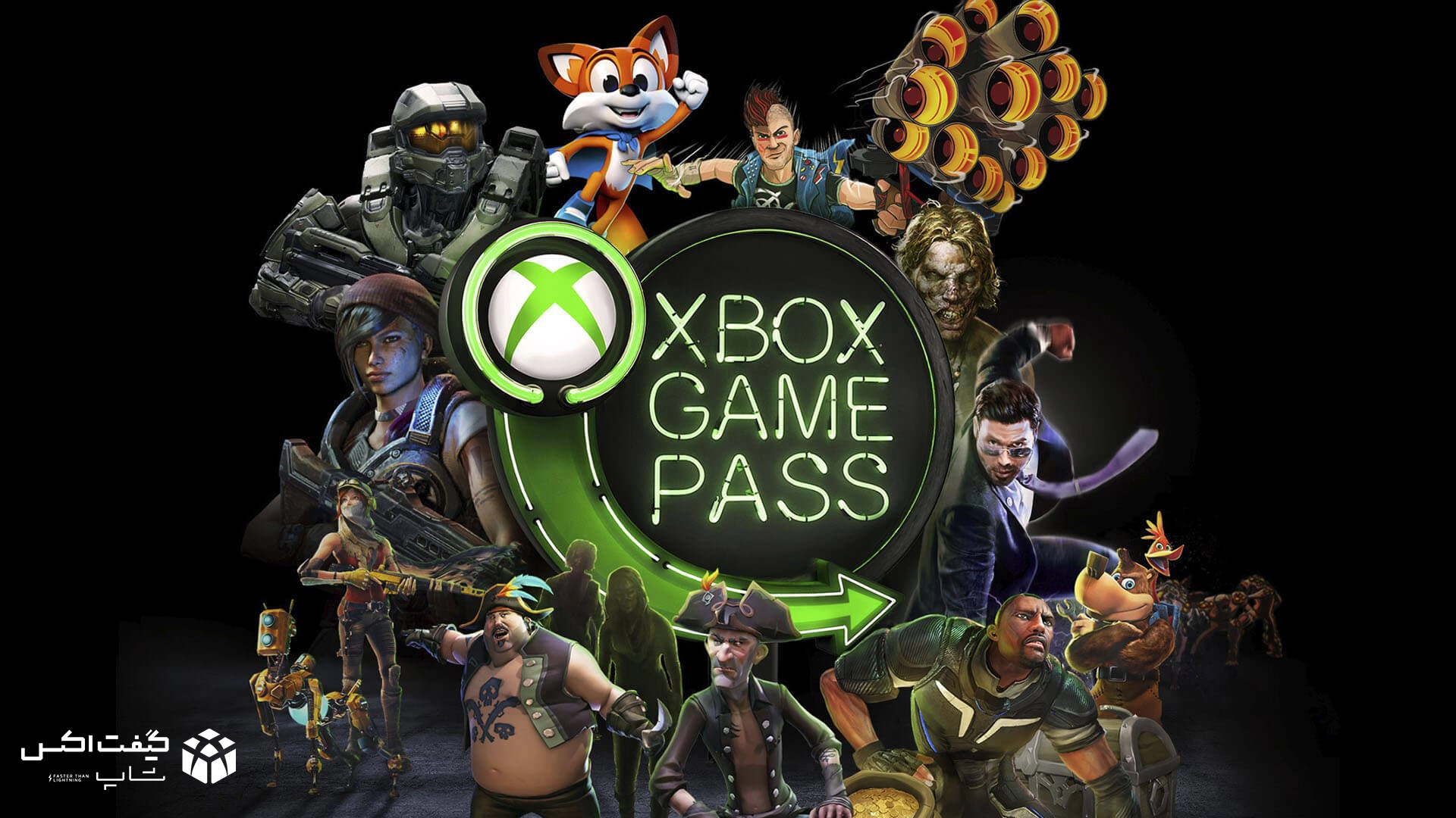 لوگوی Xbox Game Pass در کنار شخصیت‌های بازی‌های معروف، تصویر تبلیغاتی سرویس گیم پس برای Xbox