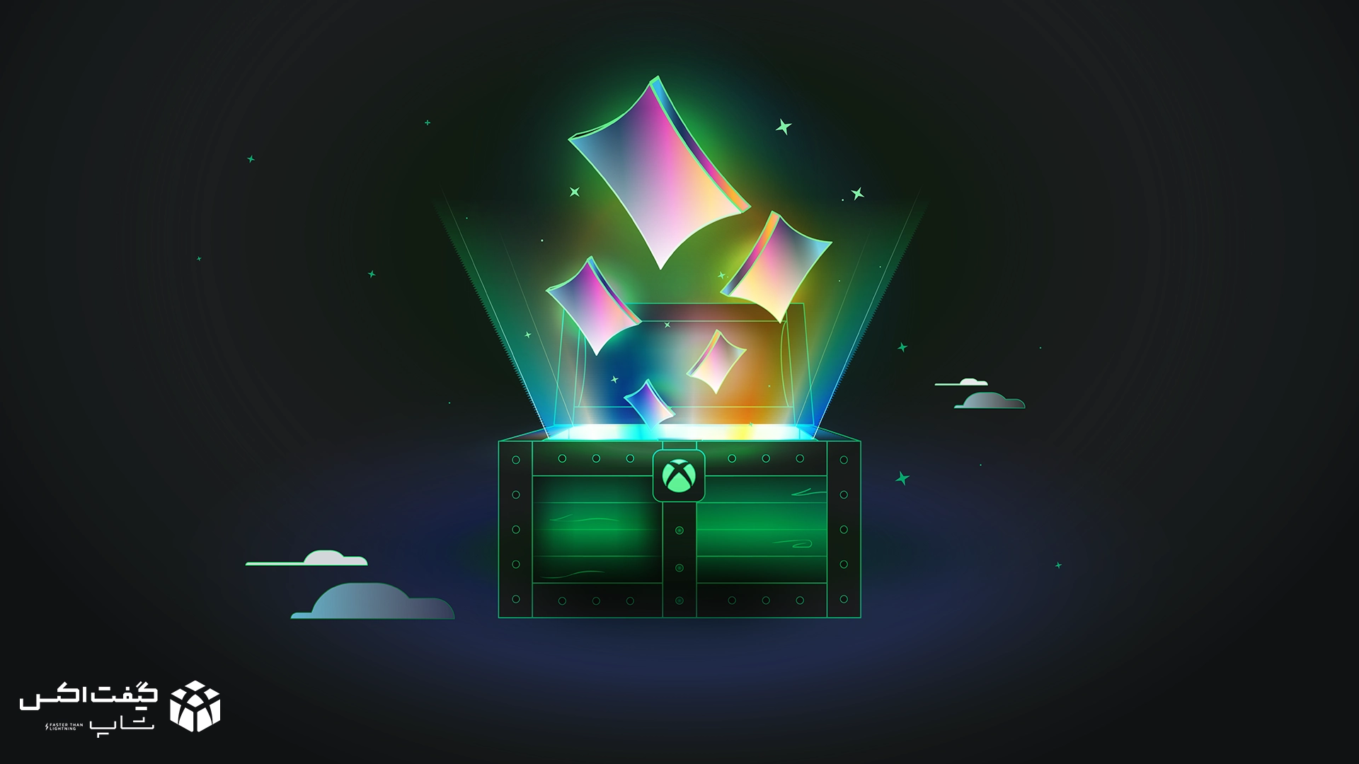 جعبه گنج درخشان با نماد Xbox و آیتم‌های رنگی نورانی، تصویر مفهومی از پاداش Game Pass