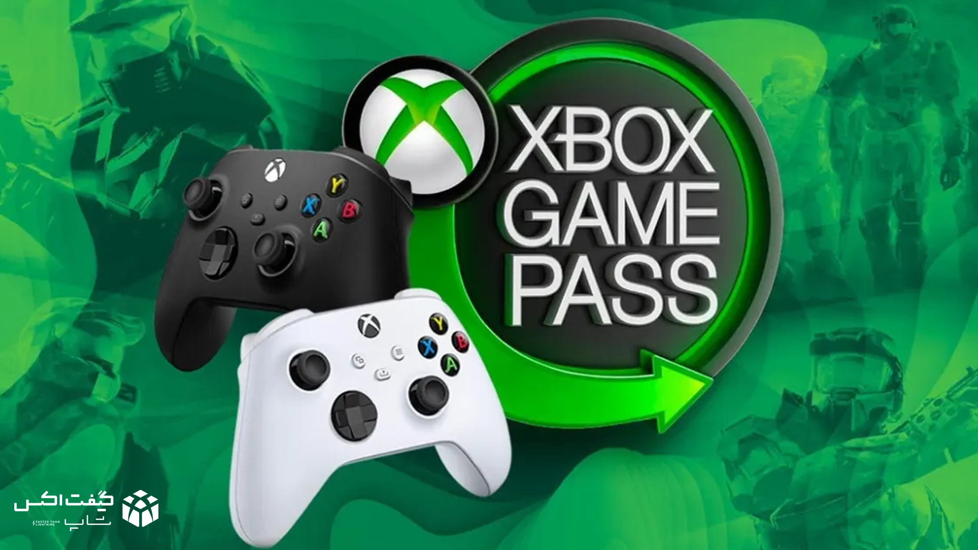 لوگوی Xbox Game Pass همراه با کنترلرهای مشکی و سفید ایکس‌باکس، تصویر تبلیغاتی سرویس گیم پس برای کنسول