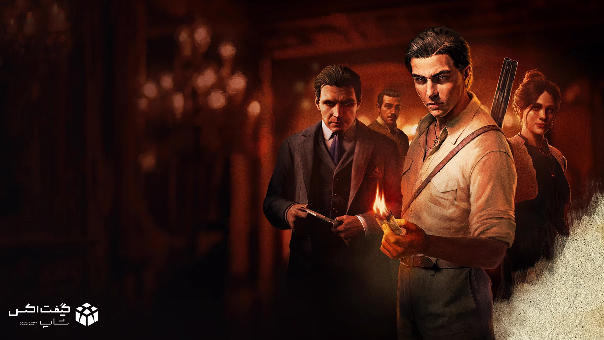 شخصیت‌های اصلی مافیایی در فضای تاریک و سینمایی، تصویر هنری از بازی Mafia: The Old Country برای Xbox Series