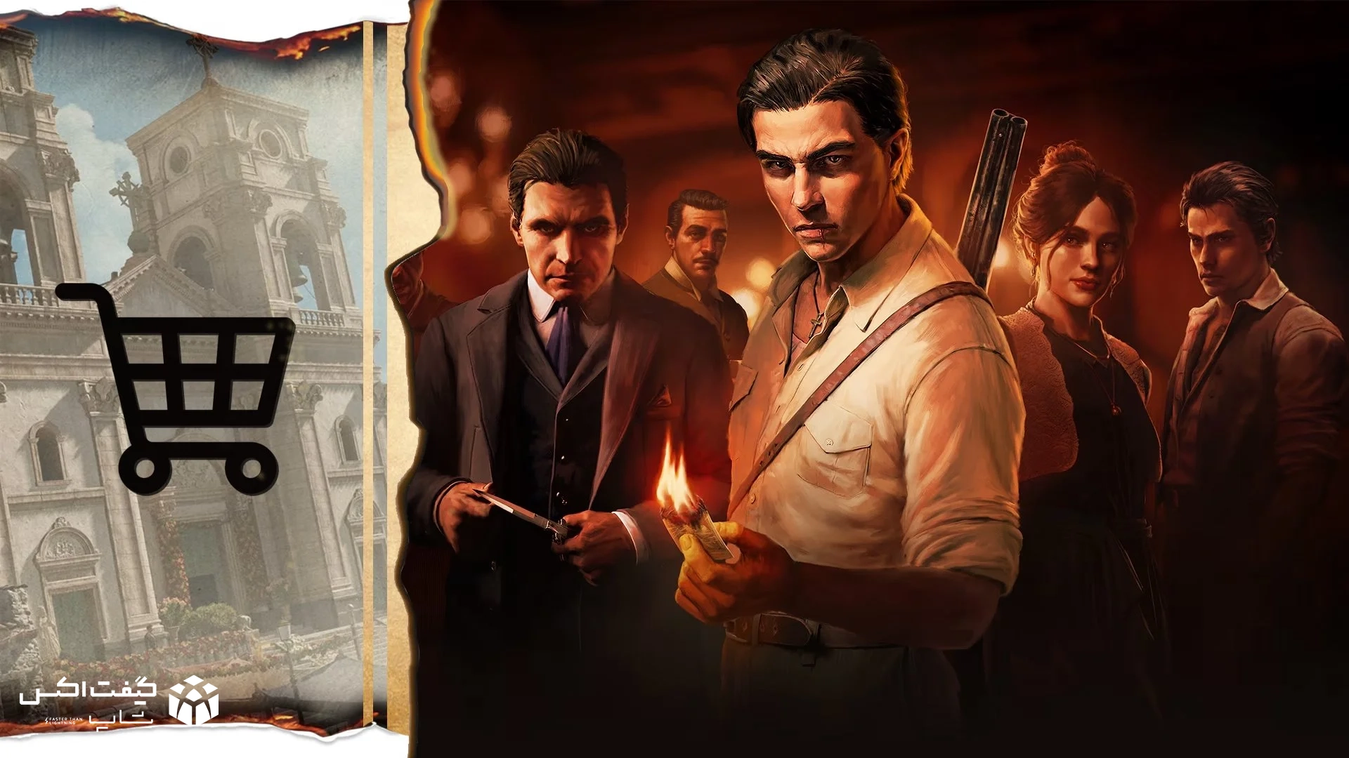 طراحی گرافیکی صفحه خرید بازی Mafia: The Old Country با شخصیت‌های اصلی و نماد فروش برای Xbox Series