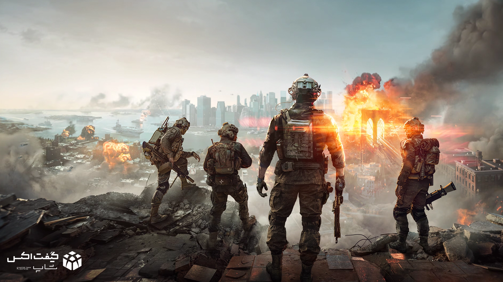 سربازان در حال تماشای انفجار بزرگ در میدان نبرد شهری، تصویر سینمایی از بازی Battlefield 6 برای Xbox Series