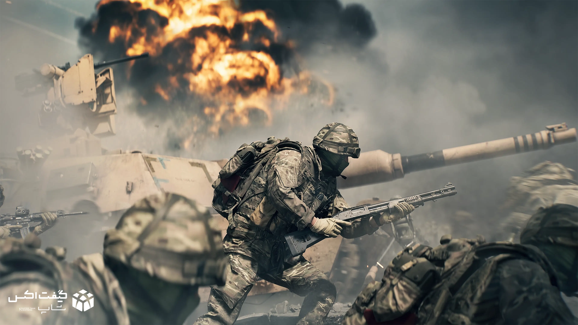 سربازان در حال پیشروی کنار تانک در میان انفجار سنگین، تصویر جنگی از بازی Battlefield 6 برای Xbox Series