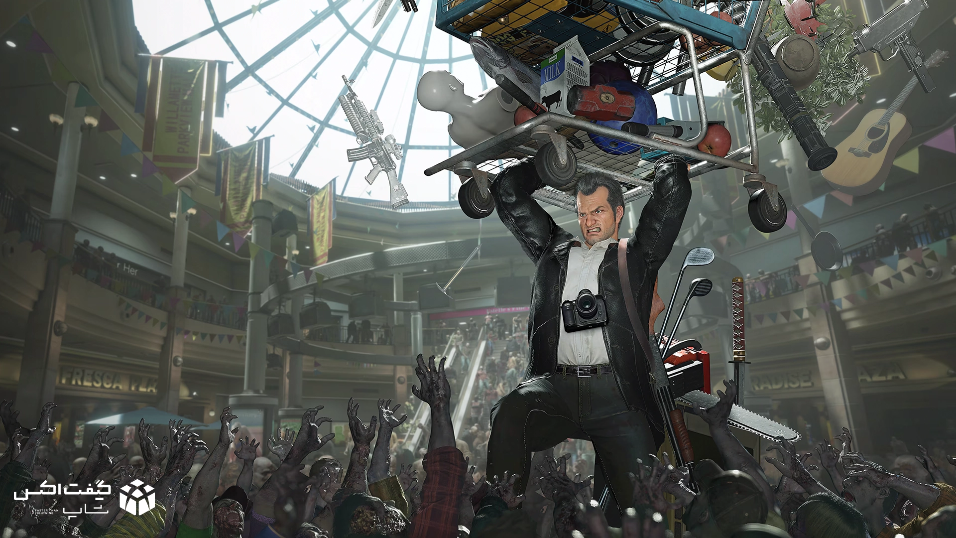 شخصیت اصلی بازی Dead Rising Deluxe Remaster در مرکز خرید Willamette Mall در حال بلند کردن چرخ‌دستی پر از سلاح و وسایل، محاصره‌شده توسط زامبی‌ها، تصویر هنری برای Xbox