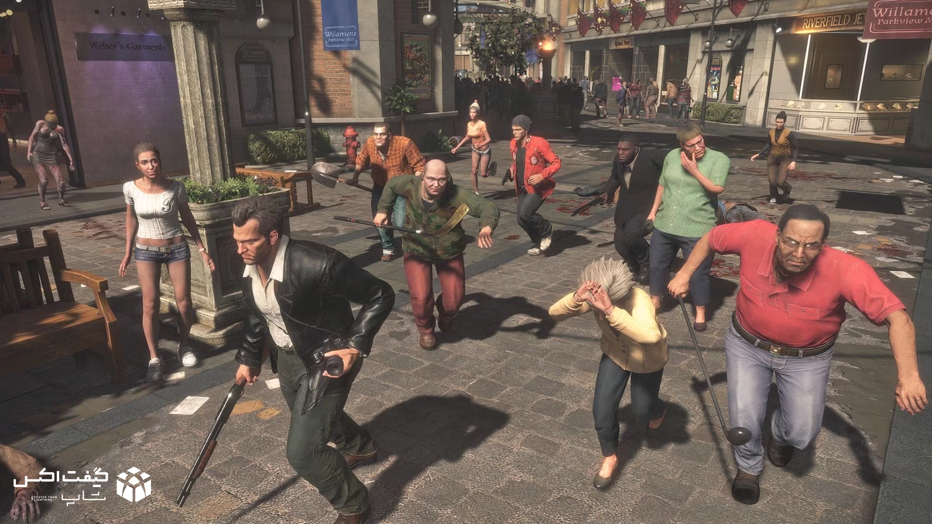 فرانک وست به همراه گروهی از بازماندگان در حال فرار از زامبی‌ها در خیابان، صحنه گیم‌پلی بازی Dead Rising Deluxe Remaster برای Xbox