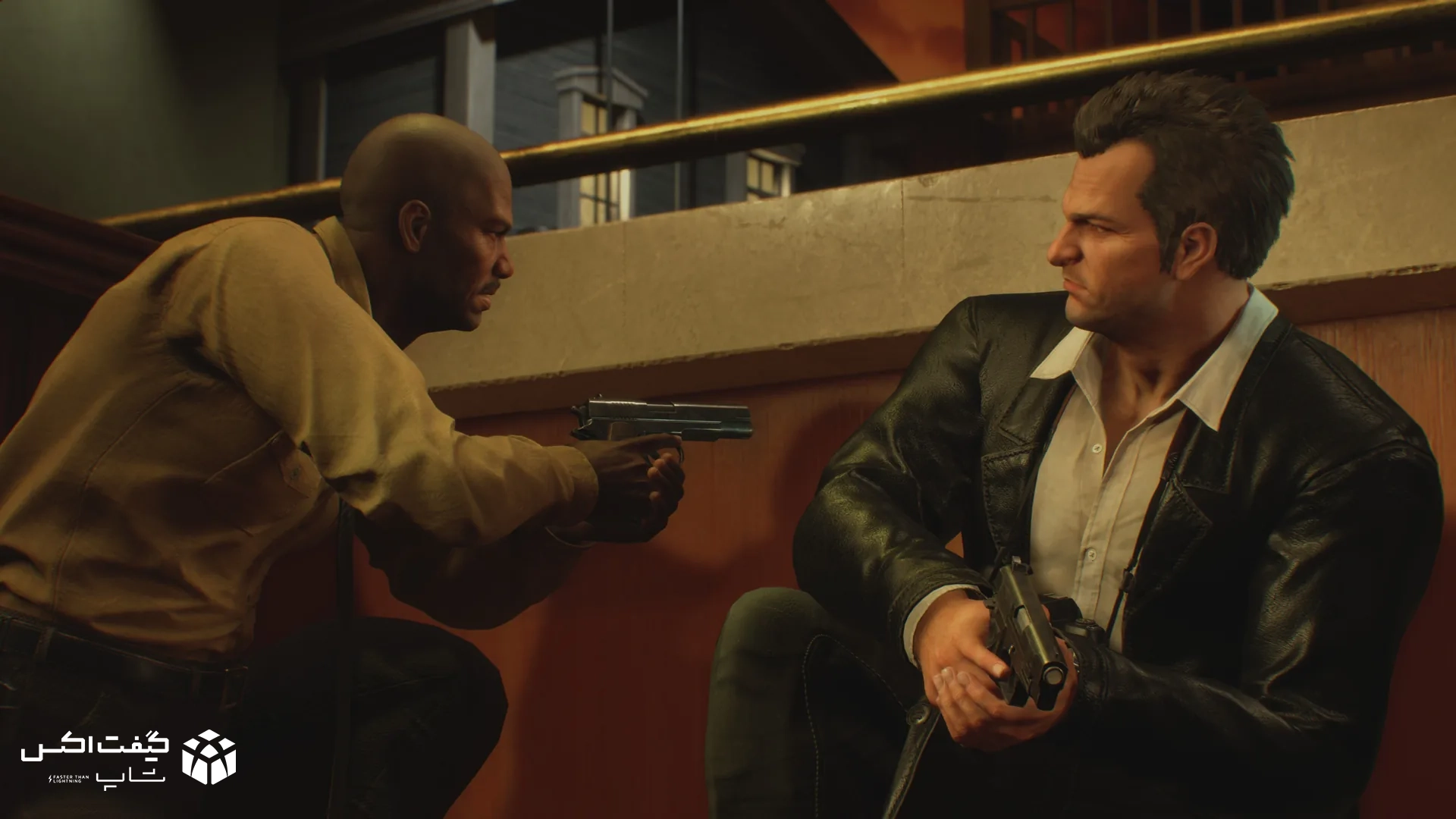 صحنه رویارویی مسلحانه فرانک وست با یک شخصیت مرد، هر دو مسلح ، در بازی Dead Rising Deluxe Remaster برای Xbox