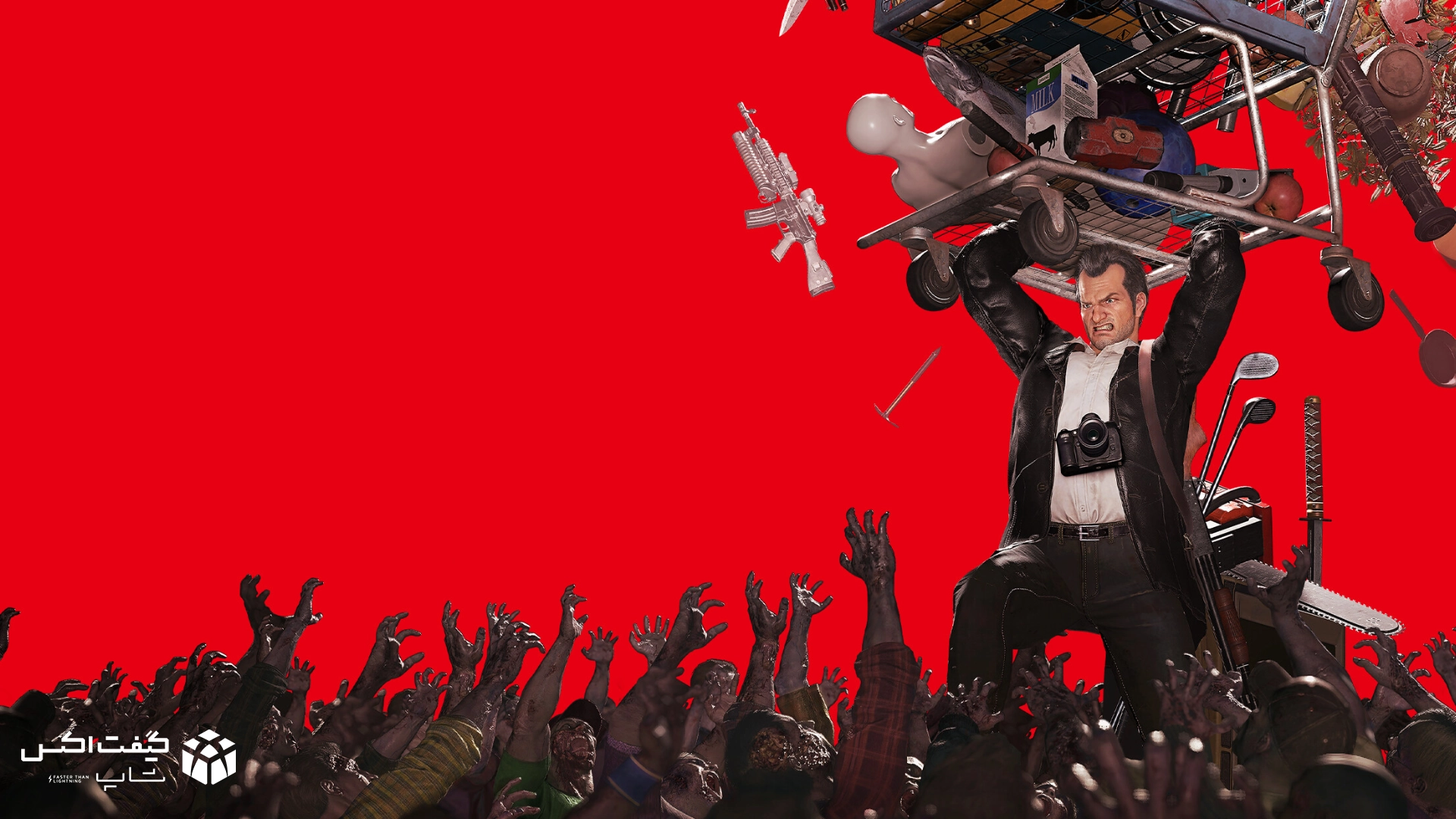 فرانک وست در حال بلند کردن چرخ‌دستی پر از سلاح و وسایل، محاصره‌شده توسط زامبی‌ها روی پس‌زمینه قرمز، تصویر هنری بازی Dead Rising Deluxe Remaster برای Xbox