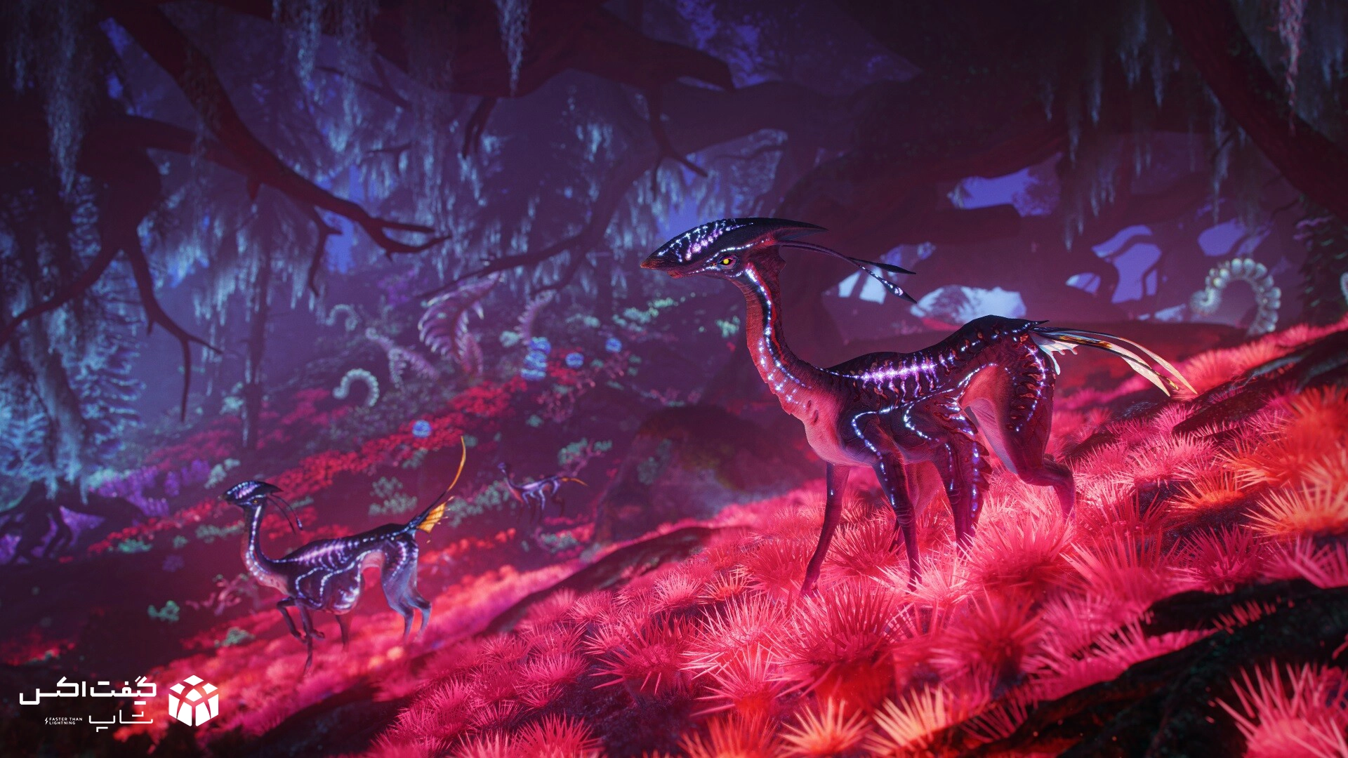 موجودات بومی پاندورا در جنگل‌های نورانی، تصویر هنری از بازی Avatar: Frontiers of Pandora برای Xbox