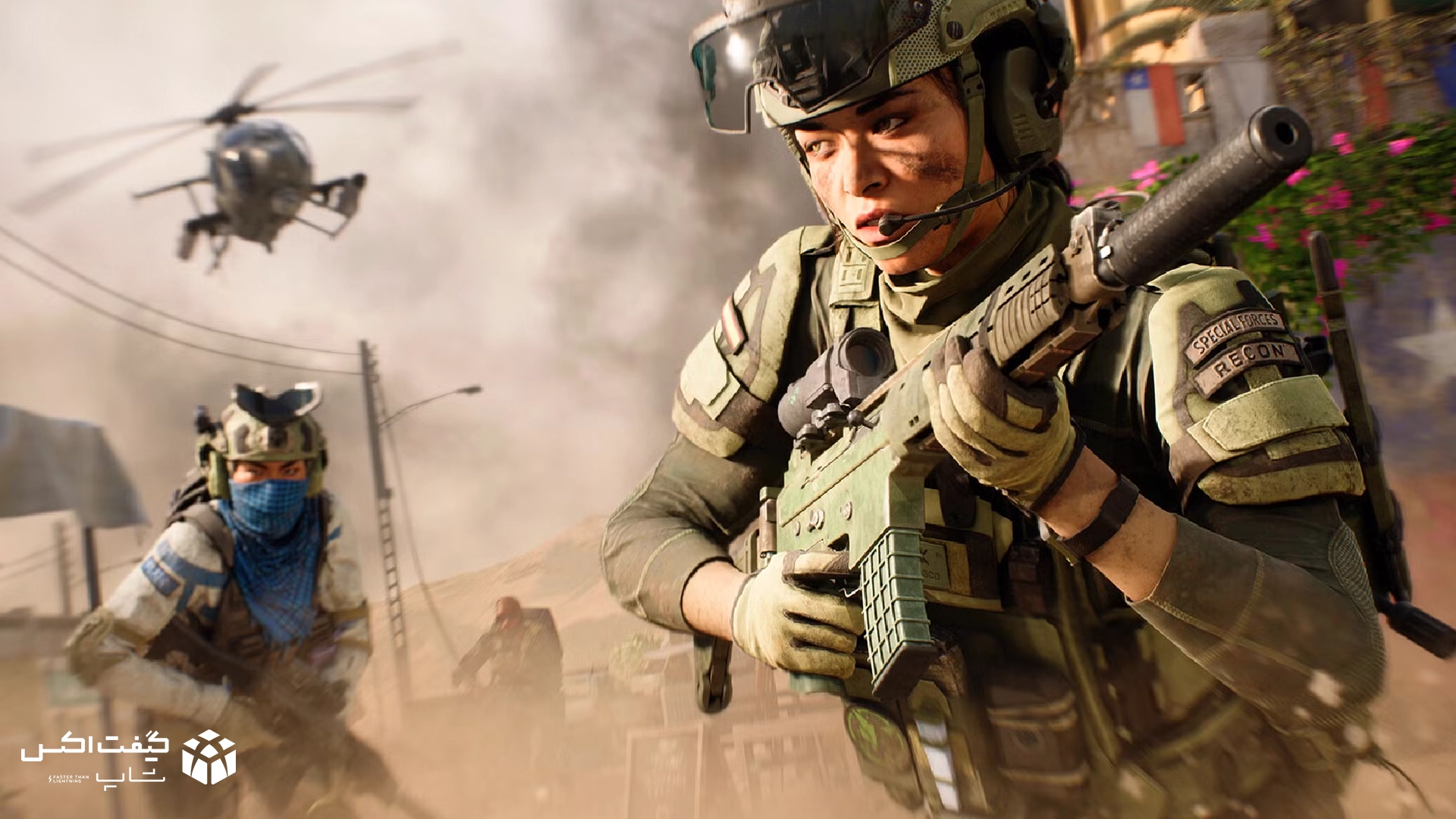 سرباز ویژه با سلاح در میدان نبرد بازی Battlefield 2042 همراه با هلیکوپتر در پس‌زمینه برای Xbox