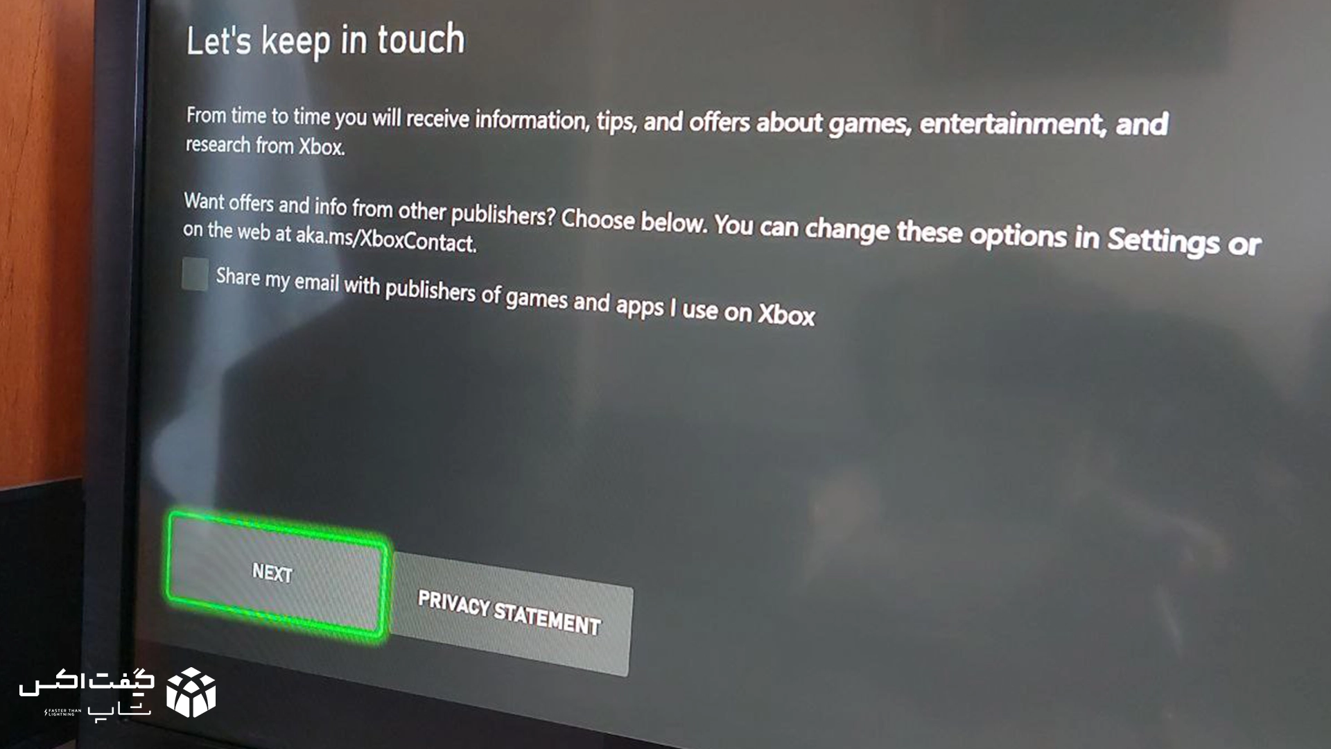 صفحه Let's keep in touch در Xbox برای برداشتن تیک اشتراکگذاری ایمیل با ناشران بازی