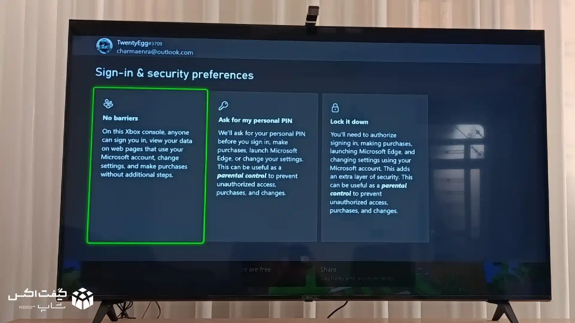 صفحه Sign in and security preferences در Xbox و گزینه No barriers برای اکانتهای اشتراکی گیم پس