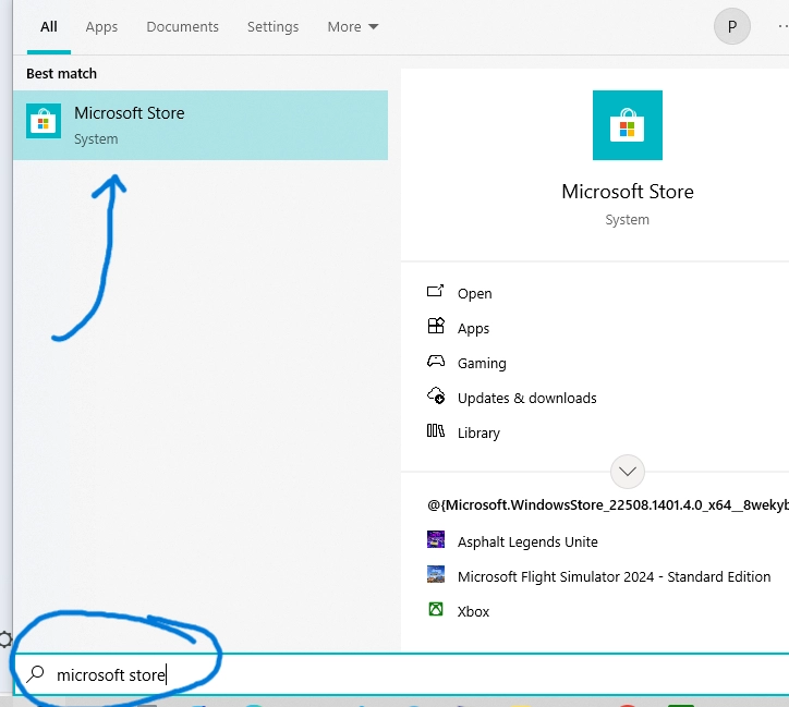 یک اسکرینشات از نوار جستجوی ویندوز که عبارت "Microsoft Store" در آن تایپ شده و آیکون برنامه مشخص است