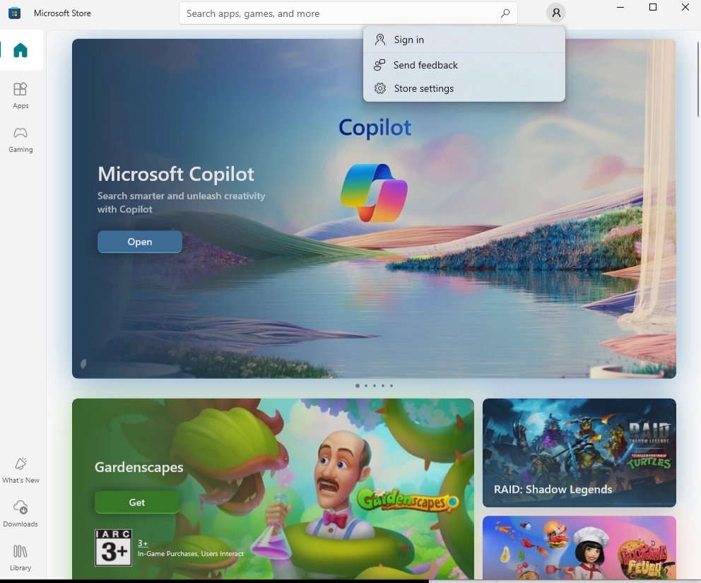 نمایی از صفحه اصلی Microsoft Store که آیکون پروفایل (آدمک) در گوشه بالا سمت راست مشخص و دکمه Sign in در منوی باز شده هایلایت شده است