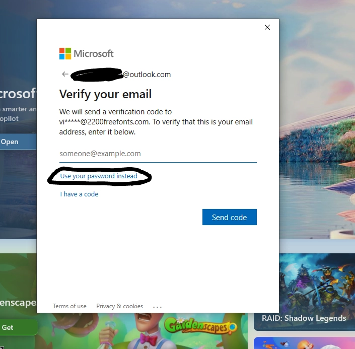 اسکرینشات از صفحه "Verify your email" که گزینه "Use your password" در آن هایلایت شده است
