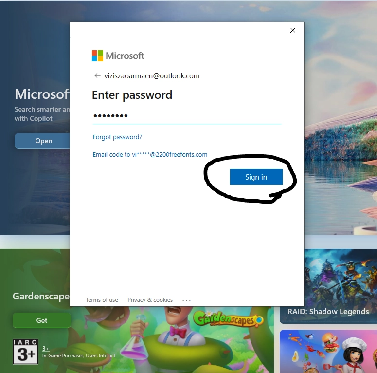 اسکرینشات از صفحه وارد کردن رمز عبور و دکمه Sign in