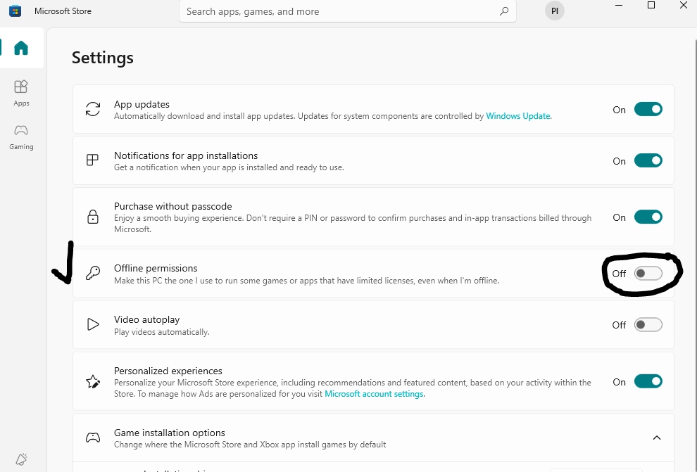 اسکرینشات از بخش تنظیمات (App settings) مایکروسافت استور که دکمه فعالسازی "Offline Permissions" هایلایت شده است
